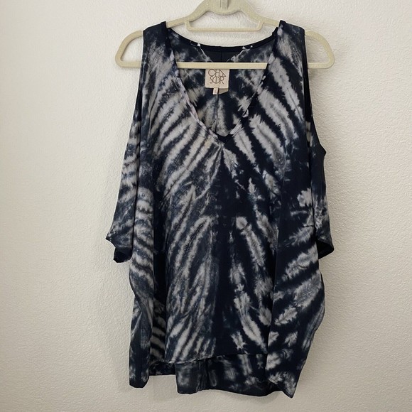Chaser Womens Blouse Top Size Large Tie Dye Cold Shoulder Silk Black White - Picture 2 of 9